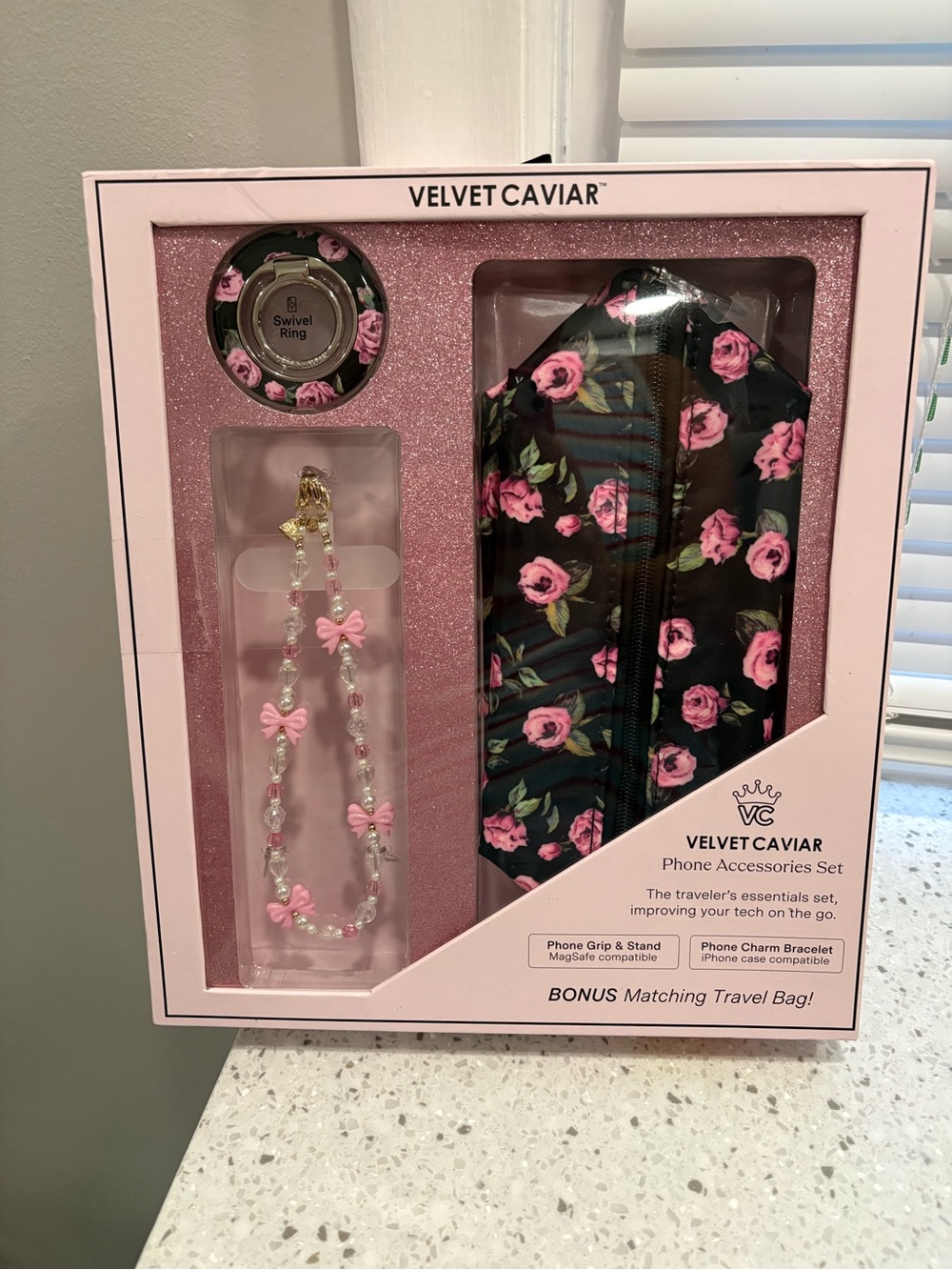 NIB Velvet Caviar Black & Pink Floral Phone Accessory Set